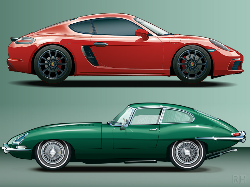 Auto-illustratie Jaguar E-type Porsche 